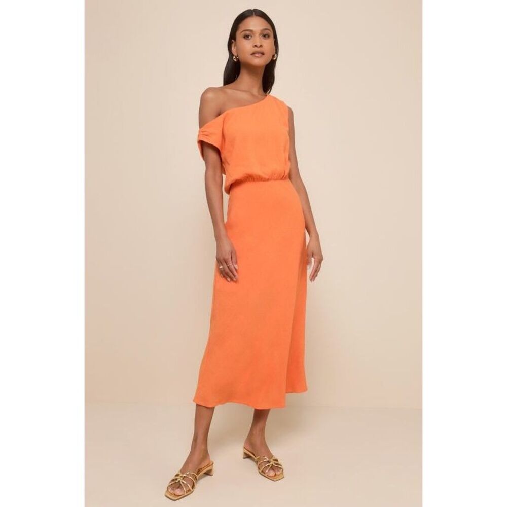 Lulus Casual Enchantment Orange Linen Off-the-shoulder Midi Dress - Size M